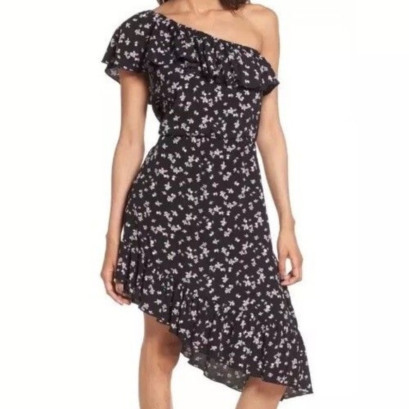 Leith Dresses & Skirts - Leith Black Floral One Shoulder Ruffle Dress L